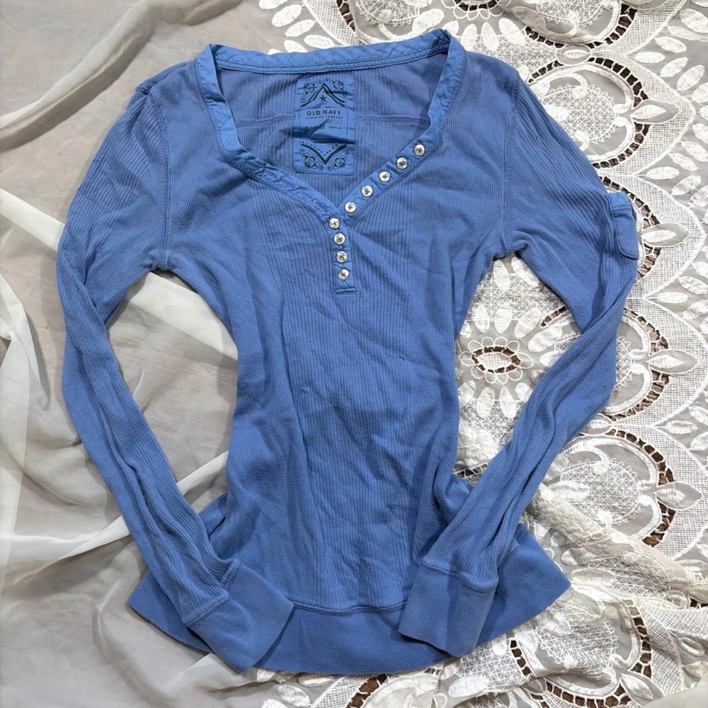 Y2K Elana Gilbert Fall Blue Ribbed Cotton Henley Long Sleeve Top Size M